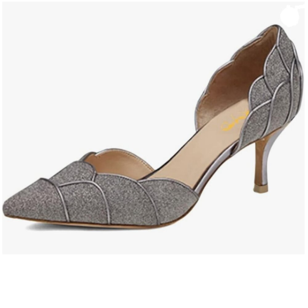 XYD Dark Gray Glitter Pointed Toe D'Orsay Mid Heel Pumps Slip-On Shoes